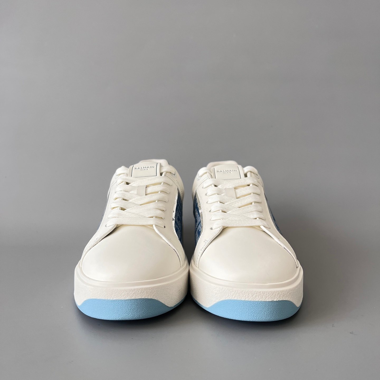 AuroraCustom BALMAIN B-Court Monogram Denim Low-Top Platform Board Shoes (Premium Men's White Calfskin & Blue Jacquard Dual-Tone TPU Outsole Luxury Edition) - Image 2