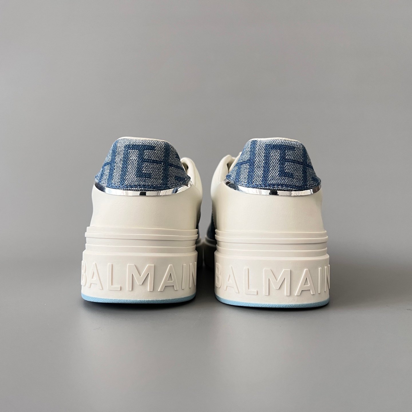 AuroraCustom BALMAIN B-Court Monogram Denim Low-Top Platform Board Shoes (Premium Men's White Calfskin & Blue Jacquard Dual-Tone TPU Outsole Luxury Edition) - Image 5