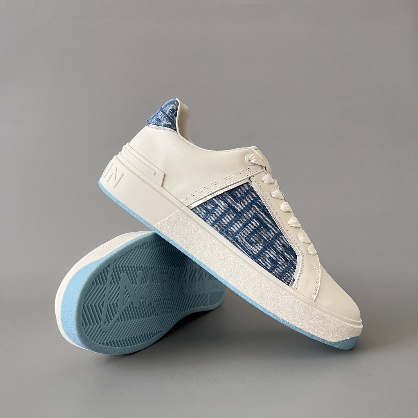 AuroraCustom BALMAIN B-Court Monogram Denim Low-Top Platform Board Shoes (Premium Men's White Calfskin & Blue Jacquard Dual-Tone TPU Outsole Luxury Edition) - Image 7
