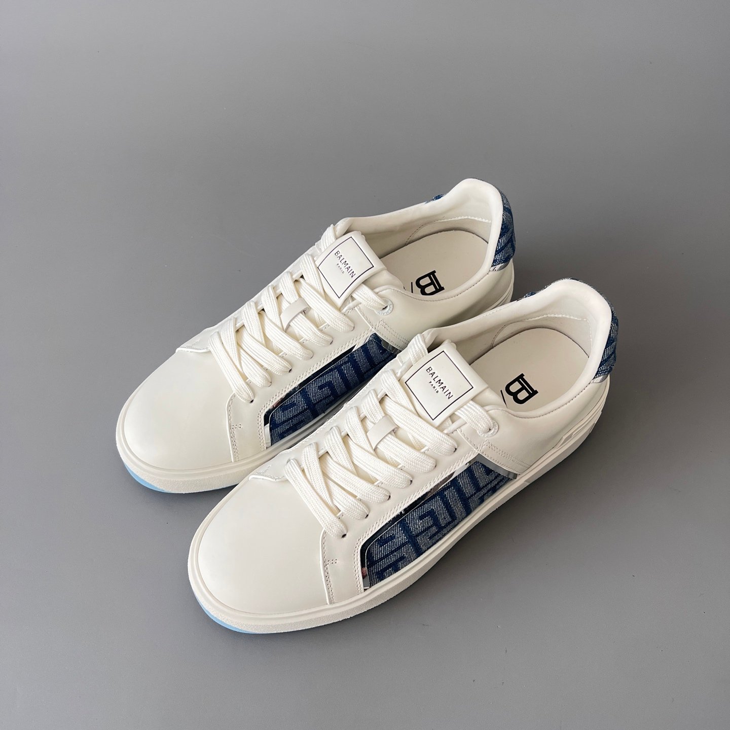 AuroraCustom BALMAIN B-Court Monogram Denim Low-Top Platform Board Shoes (Premium Men's White Calfskin & Blue Jacquard Dual-Tone TPU Outsole Luxury Edition) - Image 8