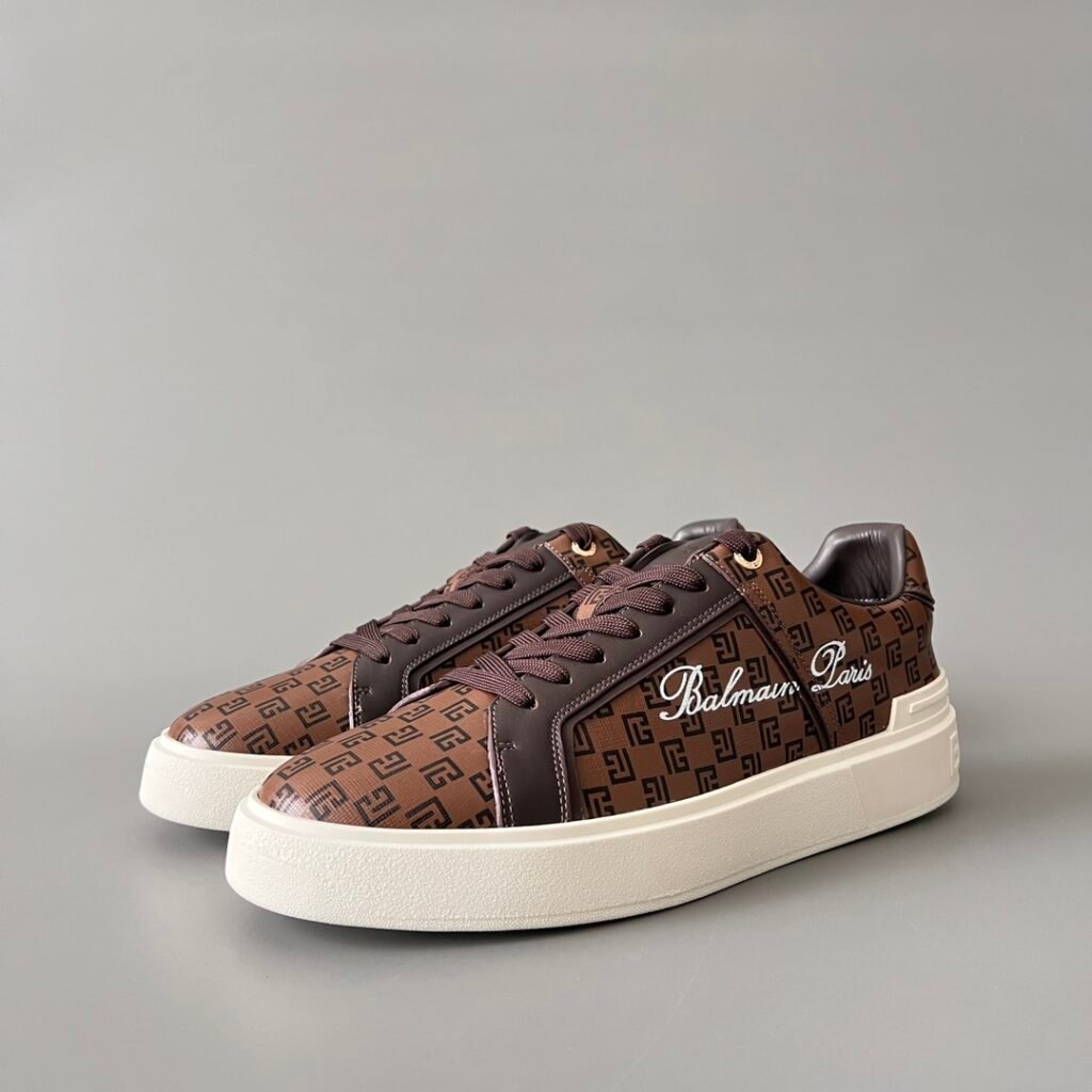AuroraCustom BALMAIN B-Court Monogram Canvas Low-Top Platform Board Shoes (Premium Men's Brown Coated Fabric & Dark Calfskin Trim Solid Off-White TPU Outsole Luxury Edition)