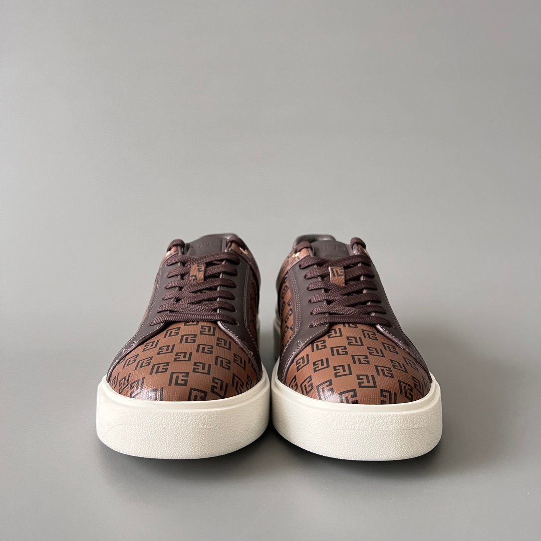 AuroraCustom BALMAIN B-Court Monogram Canvas Low-Top Platform Board Shoes (Premium Men's Brown Coated Fabric & Dark Calfskin Trim Solid Off-White TPU Outsole Luxury Edition) - Image 2