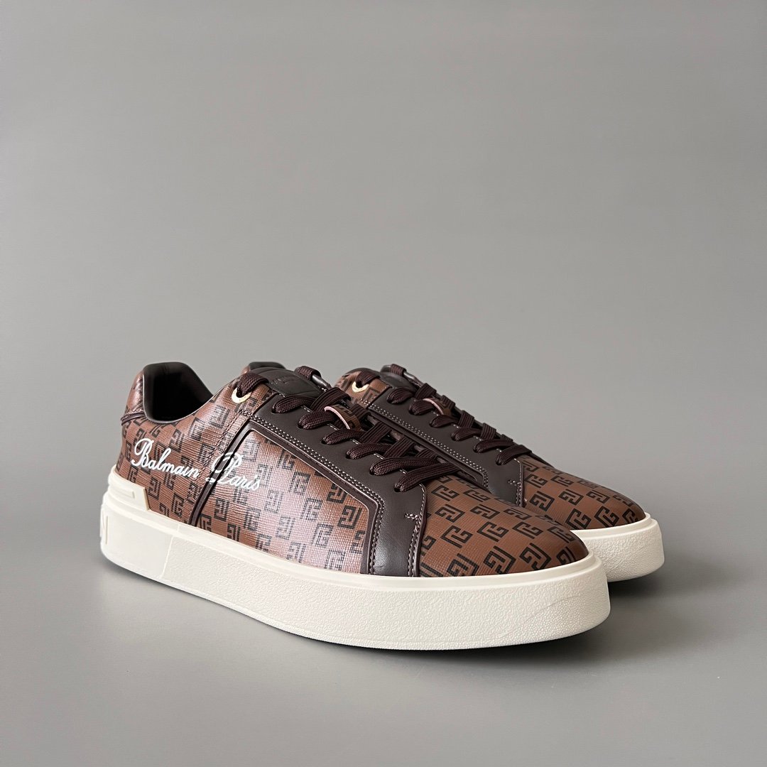 AuroraCustom BALMAIN B-Court Monogram Canvas Low-Top Platform Board Shoes (Premium Men's Brown Coated Fabric & Dark Calfskin Trim Solid Off-White TPU Outsole Luxury Edition) - Image 3
