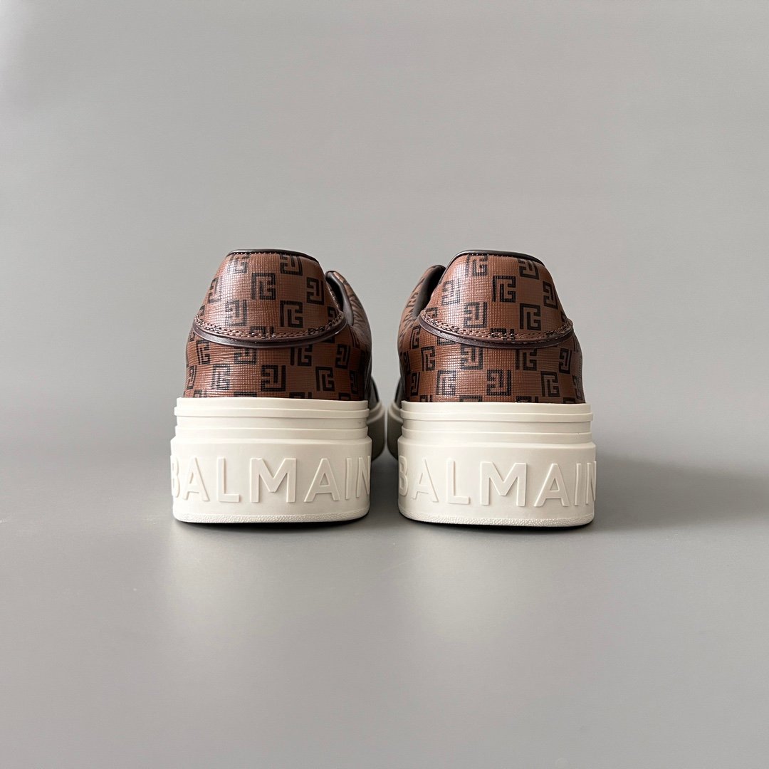 AuroraCustom BALMAIN B-Court Monogram Canvas Low-Top Platform Board Shoes (Premium Men's Brown Coated Fabric & Dark Calfskin Trim Solid Off-White TPU Outsole Luxury Edition) - Image 5