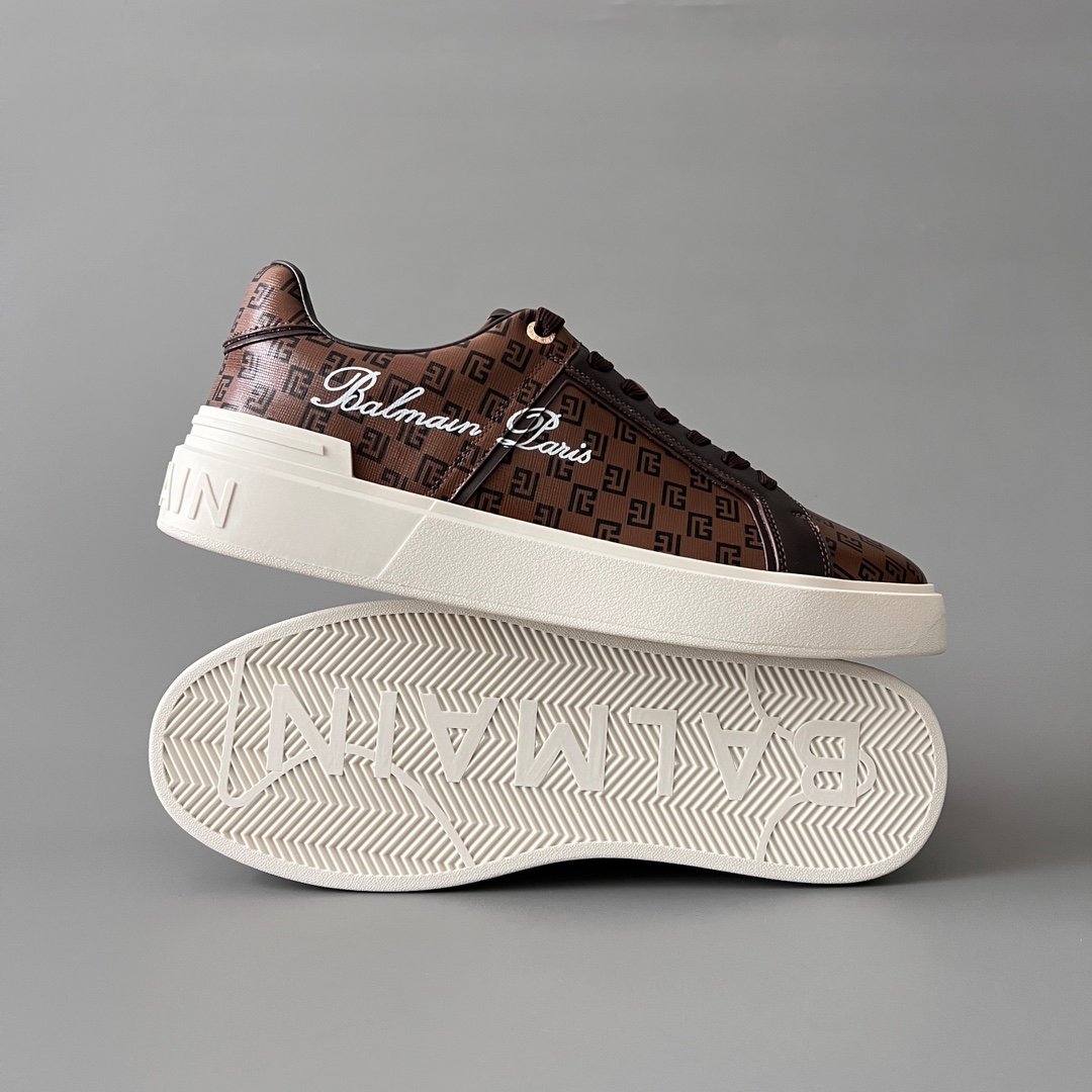 AuroraCustom BALMAIN B-Court Monogram Canvas Low-Top Platform Board Shoes (Premium Men's Brown Coated Fabric & Dark Calfskin Trim Solid Off-White TPU Outsole Luxury Edition) - Image 6