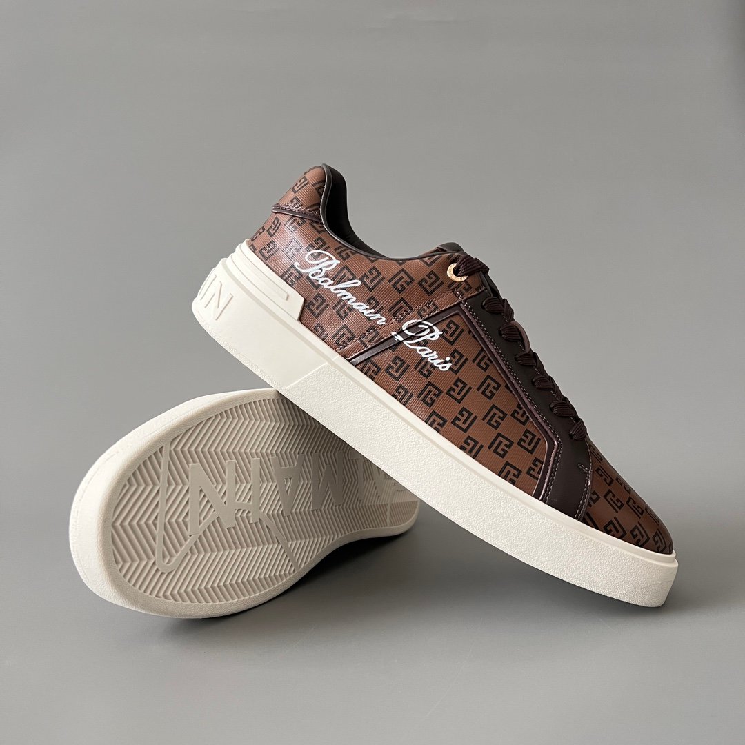 AuroraCustom BALMAIN B-Court Monogram Canvas Low-Top Platform Board Shoes (Premium Men's Brown Coated Fabric & Dark Calfskin Trim Solid Off-White TPU Outsole Luxury Edition) - Image 7