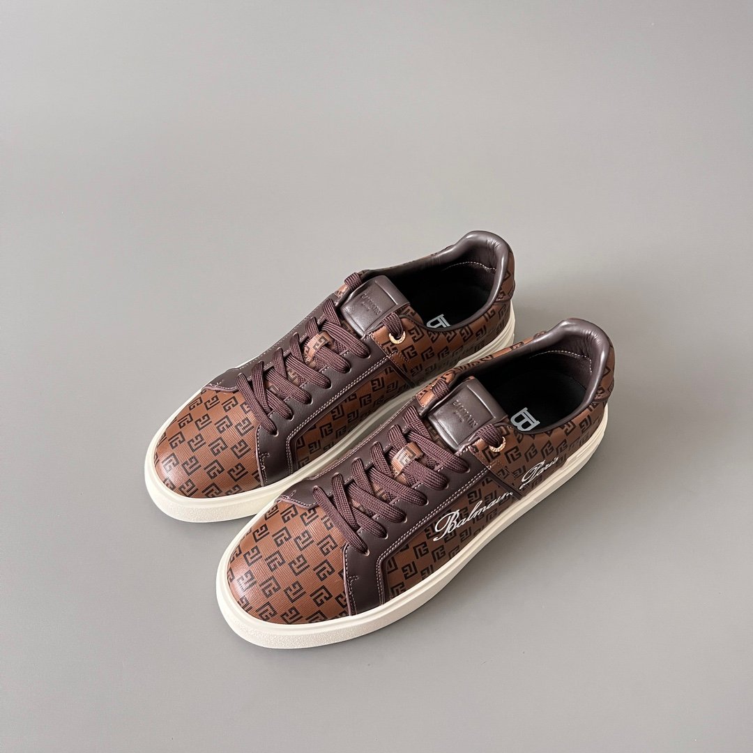 AuroraCustom BALMAIN B-Court Monogram Canvas Low-Top Platform Board Shoes (Premium Men's Brown Coated Fabric & Dark Calfskin Trim Solid Off-White TPU Outsole Luxury Edition) - Image 8