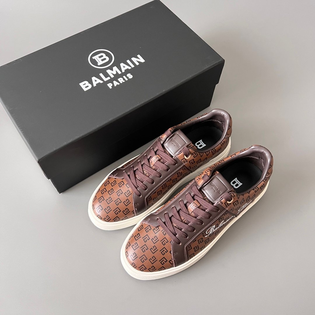 AuroraCustom BALMAIN B-Court Monogram Canvas Low-Top Platform Board Shoes (Premium Men's Brown Coated Fabric & Dark Calfskin Trim Solid Off-White TPU Outsole Luxury Edition) - Image 9