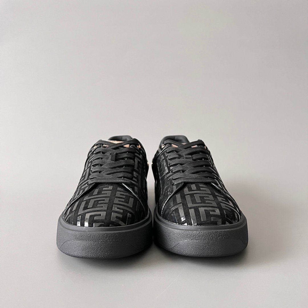 AuroraCustom BALMAIN B-Court Monogram Velvet & Patent Trim Low-Top Platform Board Shoes (Premium Men's Stealth Black Textured Layout Gold Metal Hardware Solid Black TPU Outsole Luxury Edition) - Image 2