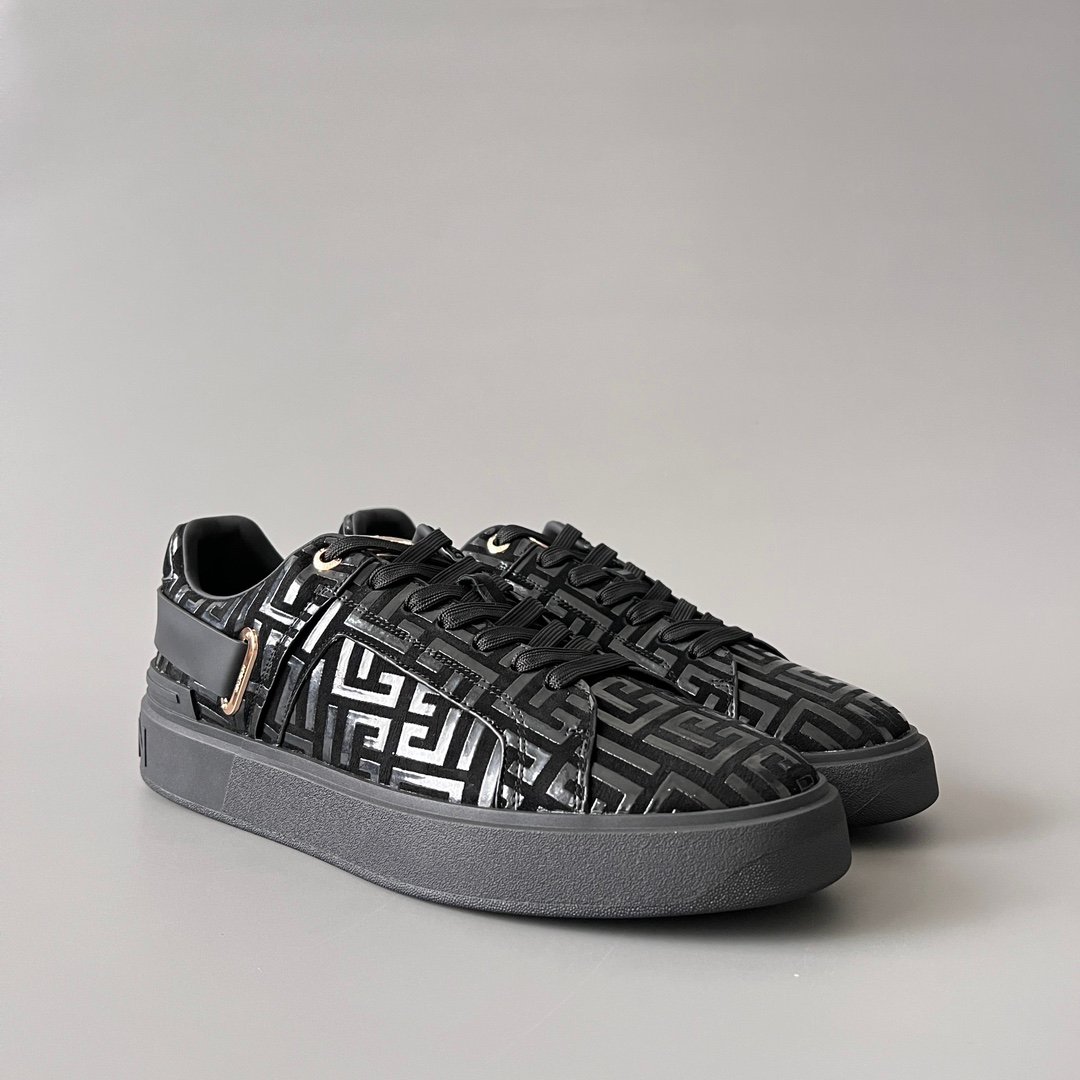 AuroraCustom BALMAIN B-Court Monogram Velvet & Patent Trim Low-Top Platform Board Shoes (Premium Men's Stealth Black Textured Layout Gold Metal Hardware Solid Black TPU Outsole Luxury Edition) - Image 3