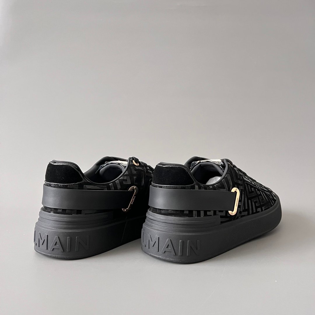 AuroraCustom BALMAIN B-Court Monogram Velvet & Patent Trim Low-Top Platform Board Shoes (Premium Men's Stealth Black Textured Layout Gold Metal Hardware Solid Black TPU Outsole Luxury Edition) - Image 4