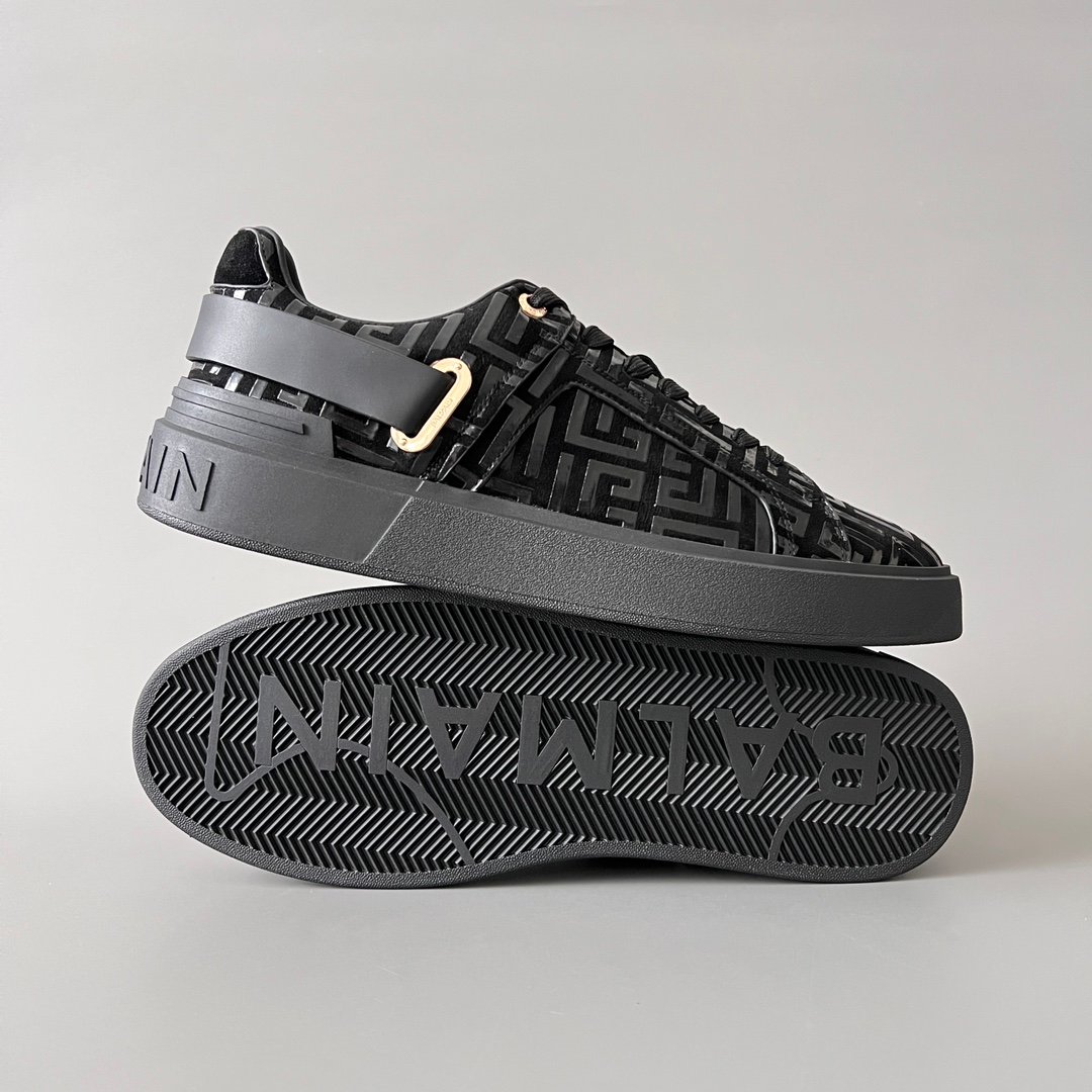 AuroraCustom BALMAIN B-Court Monogram Velvet & Patent Trim Low-Top Platform Board Shoes (Premium Men's Stealth Black Textured Layout Gold Metal Hardware Solid Black TPU Outsole Luxury Edition) - Image 6