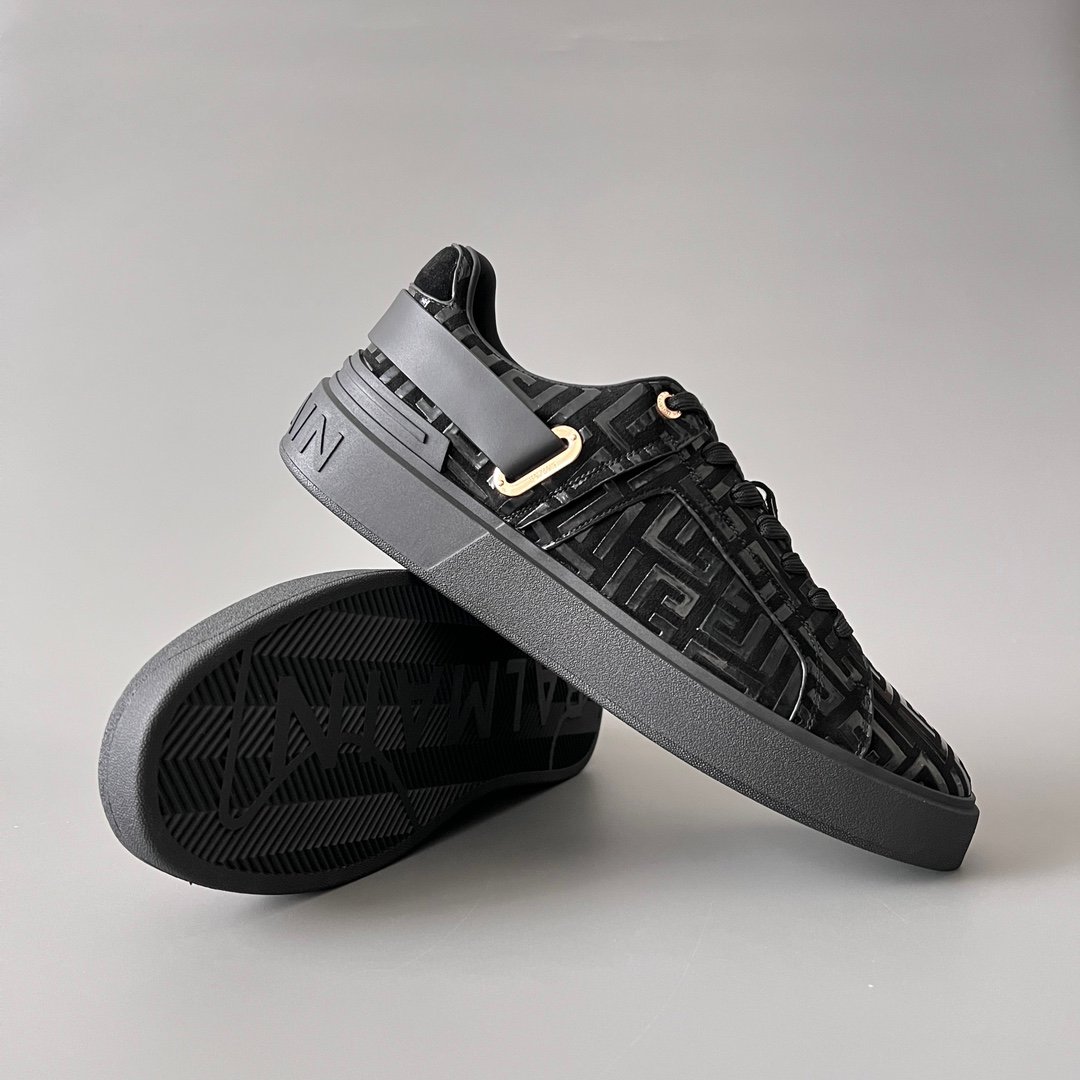 AuroraCustom BALMAIN B-Court Monogram Velvet & Patent Trim Low-Top Platform Board Shoes (Premium Men's Stealth Black Textured Layout Gold Metal Hardware Solid Black TPU Outsole Luxury Edition) - Image 7