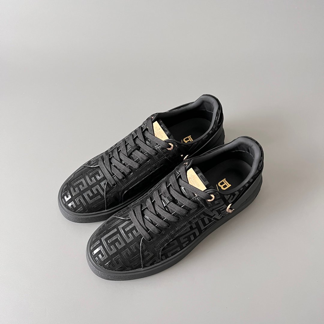 AuroraCustom BALMAIN B-Court Monogram Velvet & Patent Trim Low-Top Platform Board Shoes (Premium Men's Stealth Black Textured Layout Gold Metal Hardware Solid Black TPU Outsole Luxury Edition) - Image 8