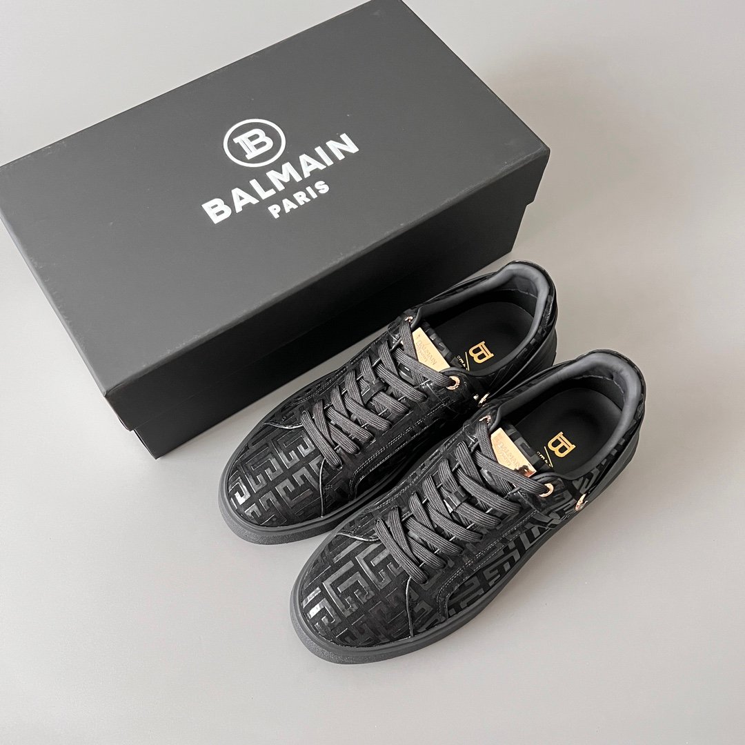 AuroraCustom BALMAIN B-Court Monogram Velvet & Patent Trim Low-Top Platform Board Shoes (Premium Men's Stealth Black Textured Layout Gold Metal Hardware Solid Black TPU Outsole Luxury Edition) - Image 9