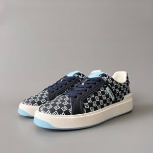 AuroraCustom BALMAIN B-Court Monogram Canvas Low-Top Platform Board Shoes (Premium Men's Navy Blue Coated Fabric & Dark Calfskin Trim Dual-Tone TPU Outsole Luxury Edition)