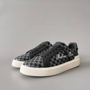 AuroraCustom BALMAIN B-Court Monogram Canvas Low-Top Platform Board Shoes (Premium Men's Black Coated Fabric & Dark Calfskin Trim Solid Off-White TPU Outsole Luxury Edition)