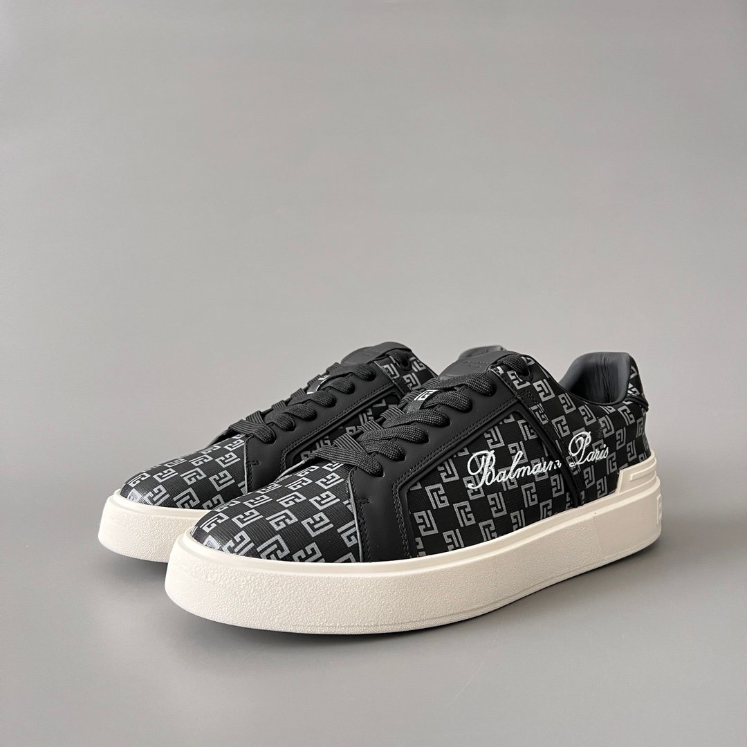 AuroraCustom BALMAIN B-Court Monogram Canvas Low-Top Platform Board Shoes (Premium Men's Black Coated Fabric & Dark Calfskin Trim Solid Off-White TPU Outsole Luxury Edition)