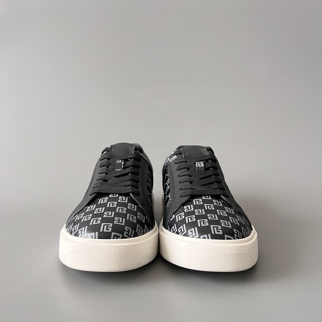 AuroraCustom BALMAIN B-Court Monogram Canvas Low-Top Platform Board Shoes (Premium Men's Black Coated Fabric & Dark Calfskin Trim Solid Off-White TPU Outsole Luxury Edition) - Image 2