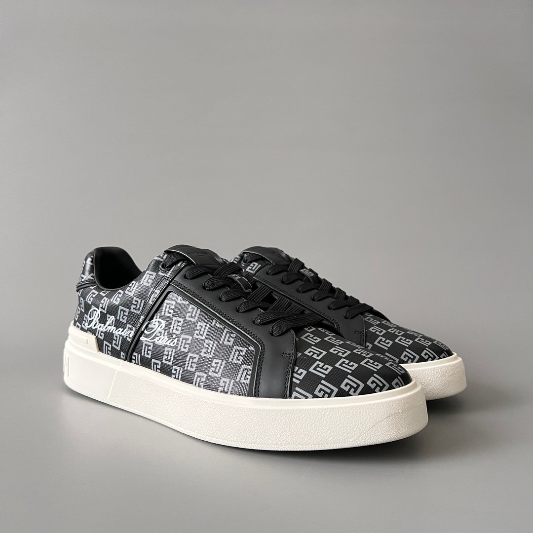 AuroraCustom BALMAIN B-Court Monogram Canvas Low-Top Platform Board Shoes (Premium Men's Black Coated Fabric & Dark Calfskin Trim Solid Off-White TPU Outsole Luxury Edition) - Image 3