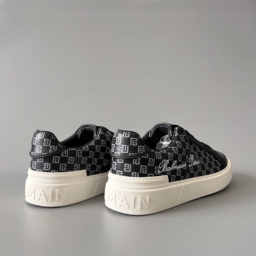AuroraCustom BALMAIN B-Court Monogram Canvas Low-Top Platform Board Shoes (Premium Men's Black Coated Fabric & Dark Calfskin Trim Solid Off-White TPU Outsole Luxury Edition) - Image 4