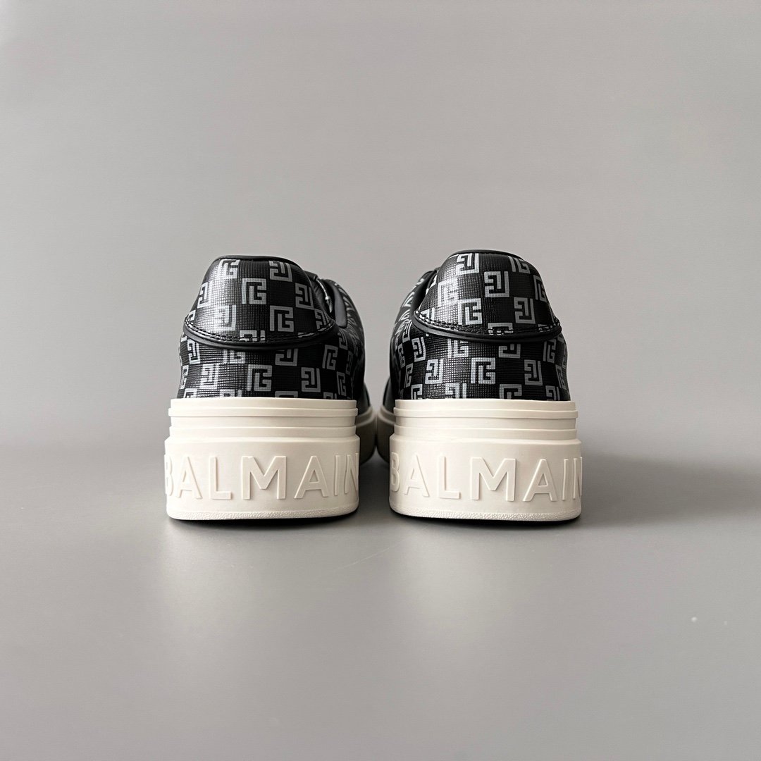 AuroraCustom BALMAIN B-Court Monogram Canvas Low-Top Platform Board Shoes (Premium Men's Black Coated Fabric & Dark Calfskin Trim Solid Off-White TPU Outsole Luxury Edition) - Image 5