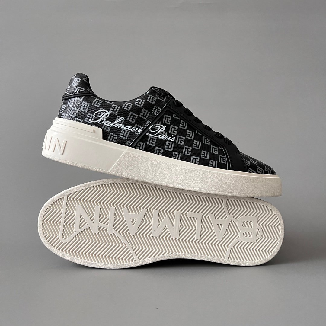 AuroraCustom BALMAIN B-Court Monogram Canvas Low-Top Platform Board Shoes (Premium Men's Black Coated Fabric & Dark Calfskin Trim Solid Off-White TPU Outsole Luxury Edition) - Image 6