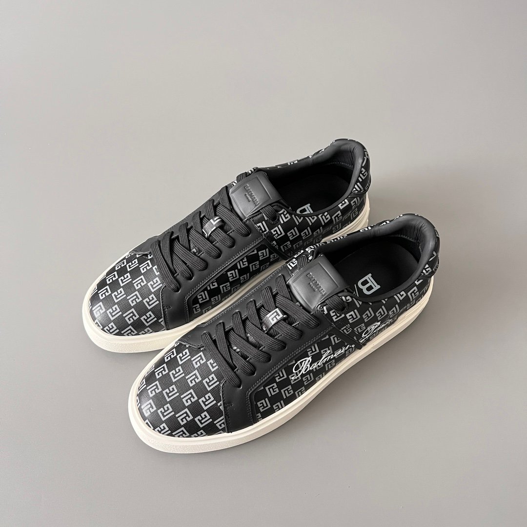 AuroraCustom BALMAIN B-Court Monogram Canvas Low-Top Platform Board Shoes (Premium Men's Black Coated Fabric & Dark Calfskin Trim Solid Off-White TPU Outsole Luxury Edition) - Image 8