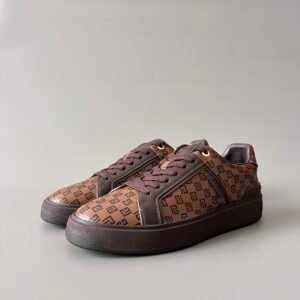 AuroraCustom BALMAIN B-Court Monogram Canvas Low-Top Platform Board Shoes (Premium Men's Brown Coated Fabric & Dark Calfskin Trim Solid Dark Brown TPU Outsole Luxury Edition)
