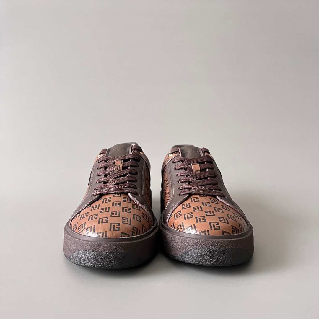 AuroraCustom BALMAIN B-Court Monogram Canvas Low-Top Platform Board Shoes (Premium Men's Brown Coated Fabric & Dark Calfskin Trim Solid Dark Brown TPU Outsole Luxury Edition) - Image 2