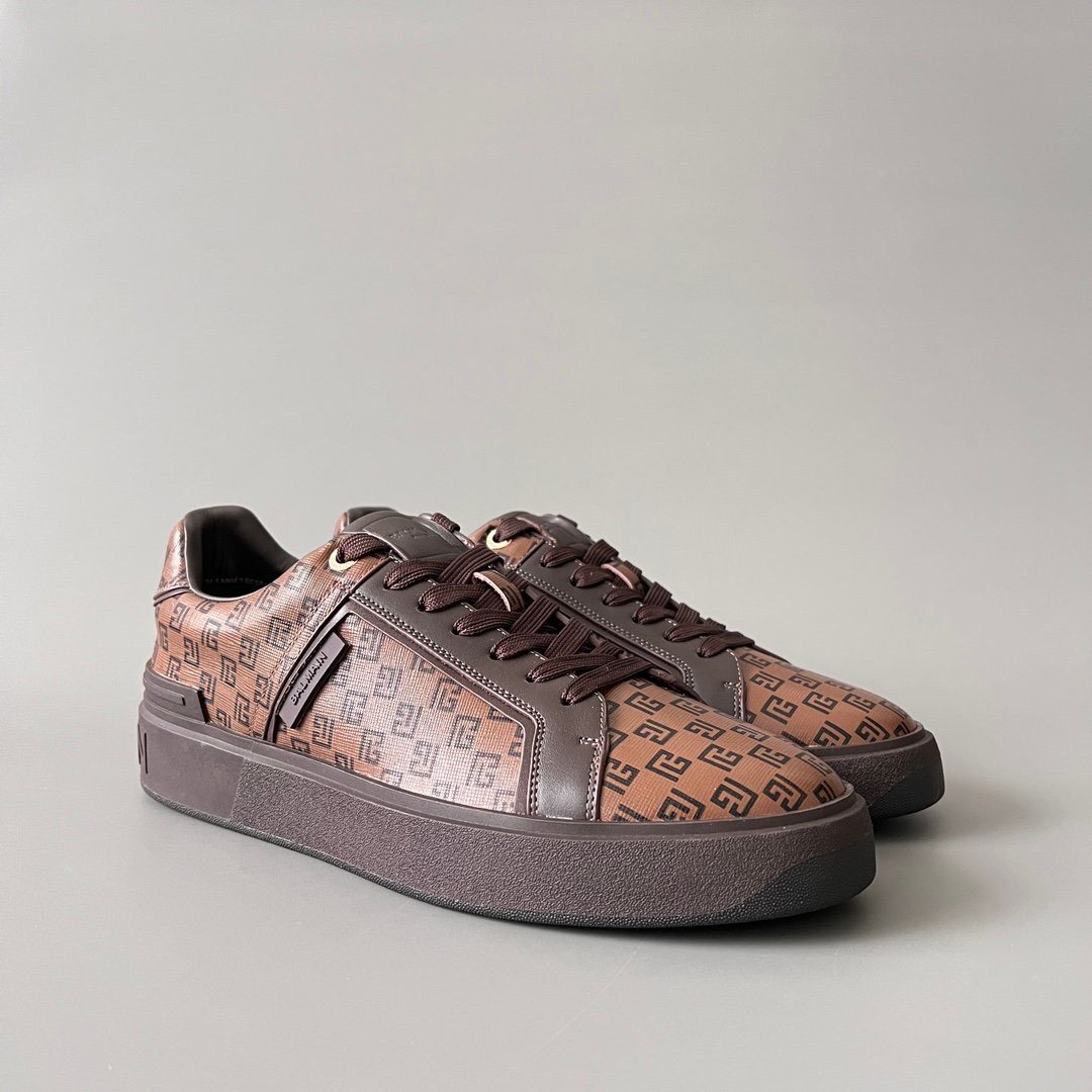 AuroraCustom BALMAIN B-Court Monogram Canvas Low-Top Platform Board Shoes (Premium Men's Brown Coated Fabric & Dark Calfskin Trim Solid Dark Brown TPU Outsole Luxury Edition) - Image 3