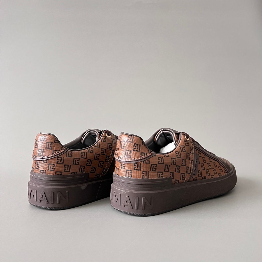 AuroraCustom BALMAIN B-Court Monogram Canvas Low-Top Platform Board Shoes (Premium Men's Brown Coated Fabric & Dark Calfskin Trim Solid Dark Brown TPU Outsole Luxury Edition) - Image 4