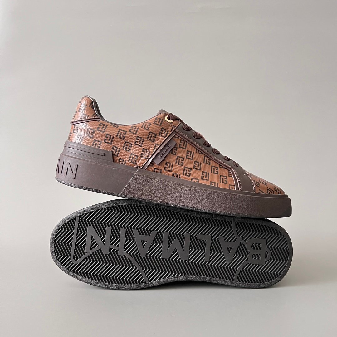 AuroraCustom BALMAIN B-Court Monogram Canvas Low-Top Platform Board Shoes (Premium Men's Brown Coated Fabric & Dark Calfskin Trim Solid Dark Brown TPU Outsole Luxury Edition) - Image 6