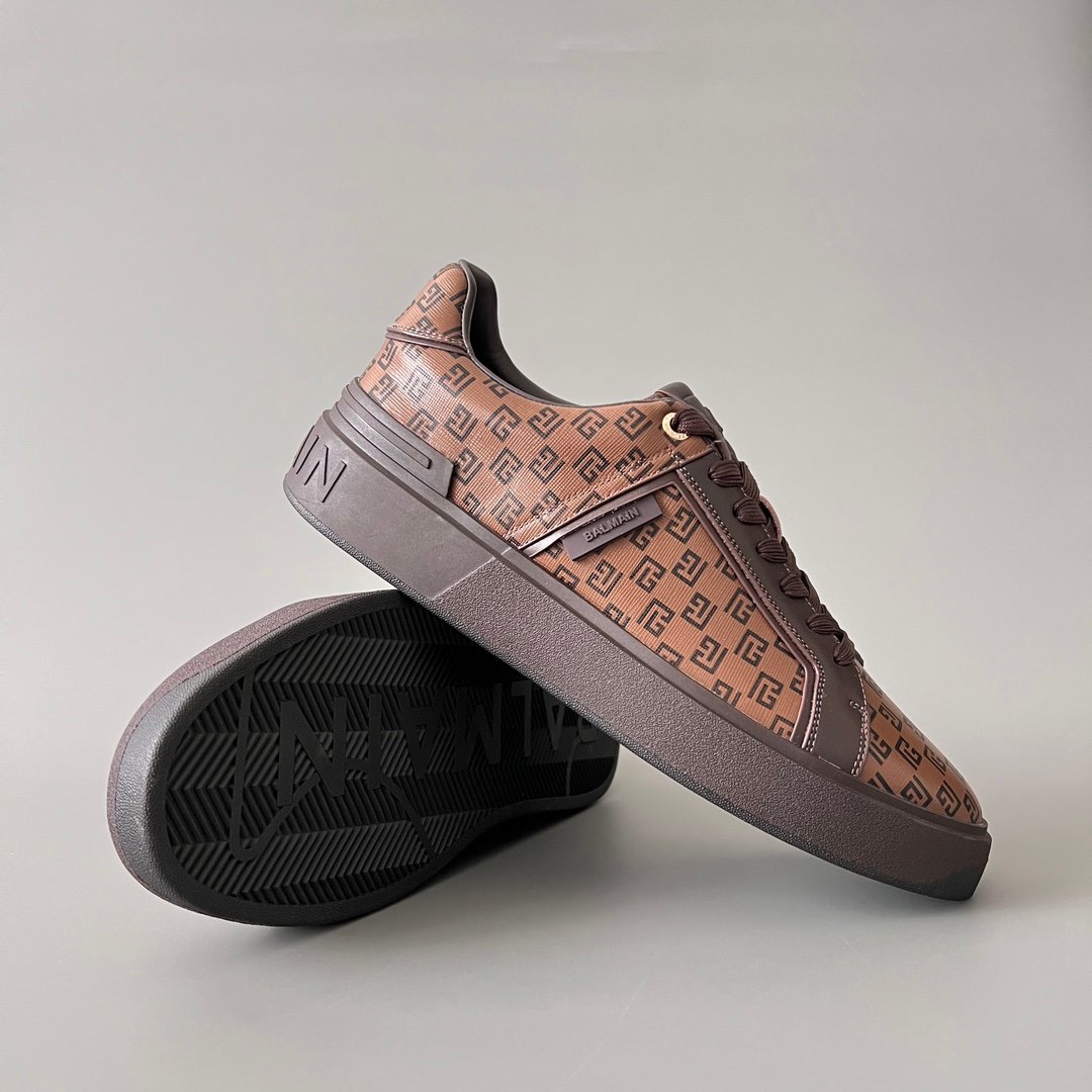 AuroraCustom BALMAIN B-Court Monogram Canvas Low-Top Platform Board Shoes (Premium Men's Brown Coated Fabric & Dark Calfskin Trim Solid Dark Brown TPU Outsole Luxury Edition) - Image 7