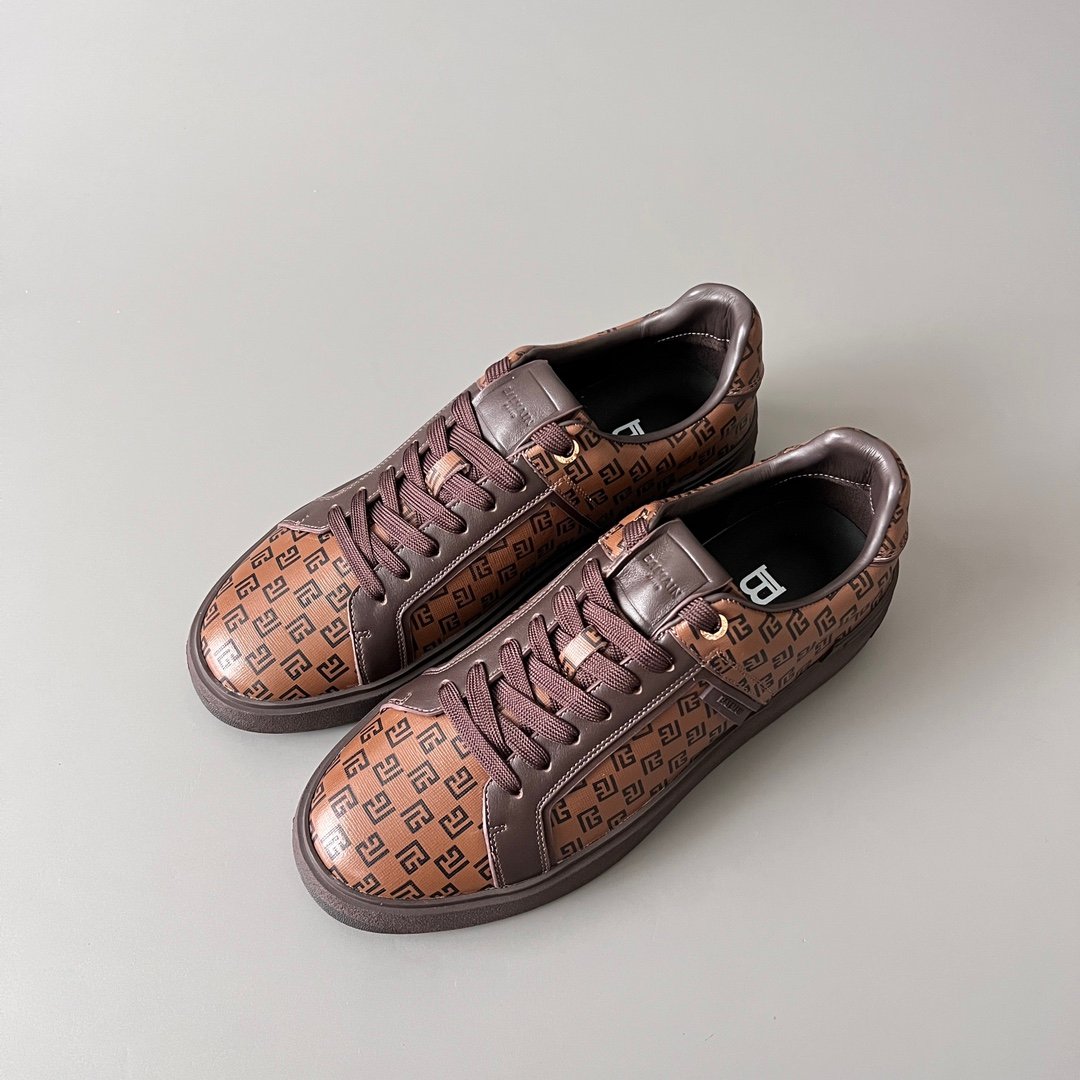 AuroraCustom BALMAIN B-Court Monogram Canvas Low-Top Platform Board Shoes (Premium Men's Brown Coated Fabric & Dark Calfskin Trim Solid Dark Brown TPU Outsole Luxury Edition) - Image 8