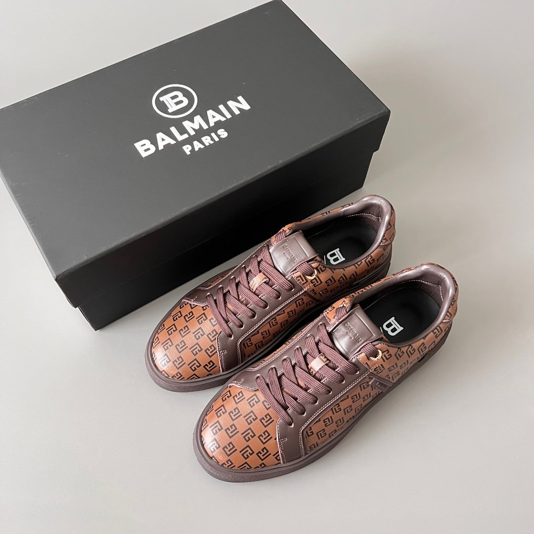 AuroraCustom BALMAIN B-Court Monogram Canvas Low-Top Platform Board Shoes (Premium Men's Brown Coated Fabric & Dark Calfskin Trim Solid Dark Brown TPU Outsole Luxury Edition) - Image 9