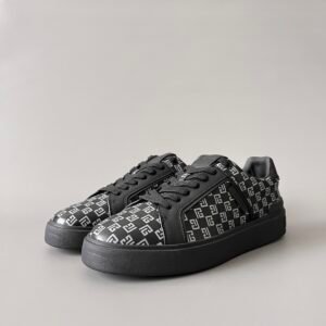 AuroraCustom BALMAIN B-Court Monogram Canvas Low-Top Platform Board Shoes (Premium Men's Black Coated Fabric & Dark Calfskin Trim Solid Black TPU Outsole Luxury Edition)
