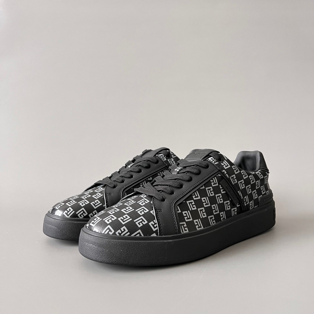 AuroraCustom BALMAIN B-Court Monogram Canvas Low-Top Platform Board Shoes (Premium Men's Black Coated Fabric & Dark Calfskin Trim Solid Black TPU Outsole Luxury Edition)