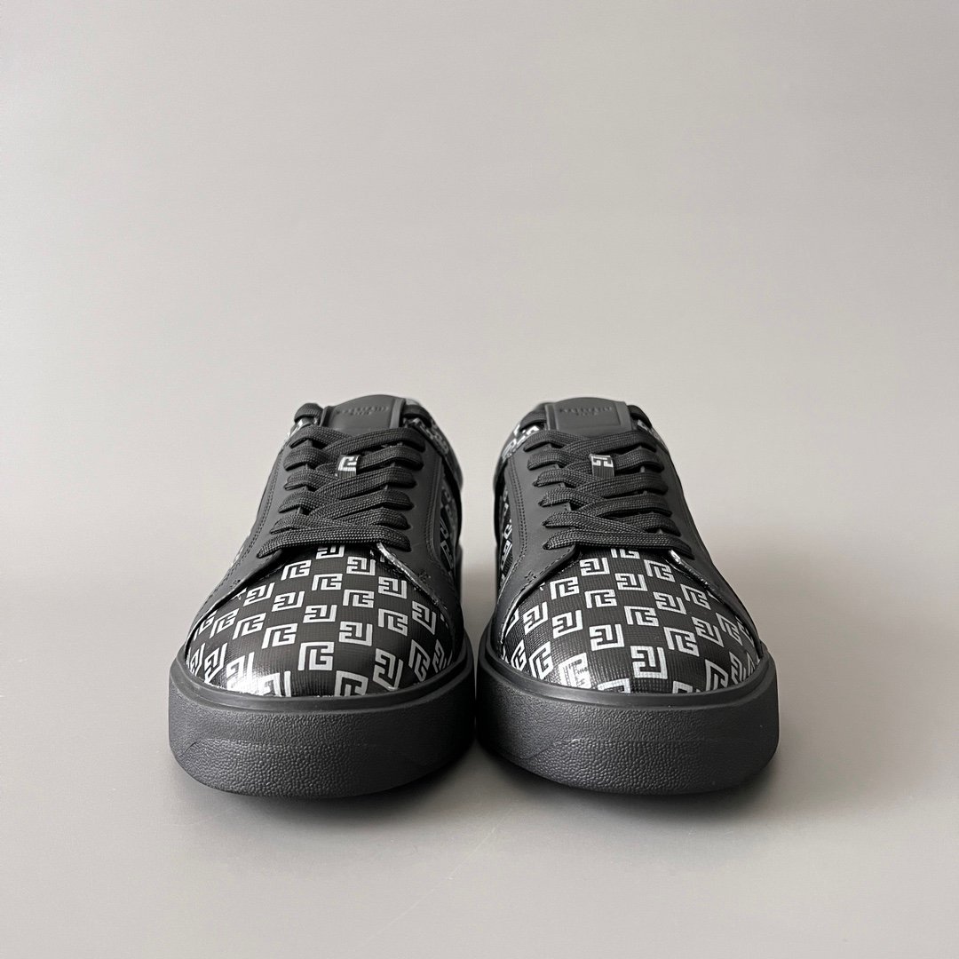 AuroraCustom BALMAIN B-Court Monogram Canvas Low-Top Platform Board Shoes (Premium Men's Black Coated Fabric & Dark Calfskin Trim Solid Black TPU Outsole Luxury Edition) - Image 2