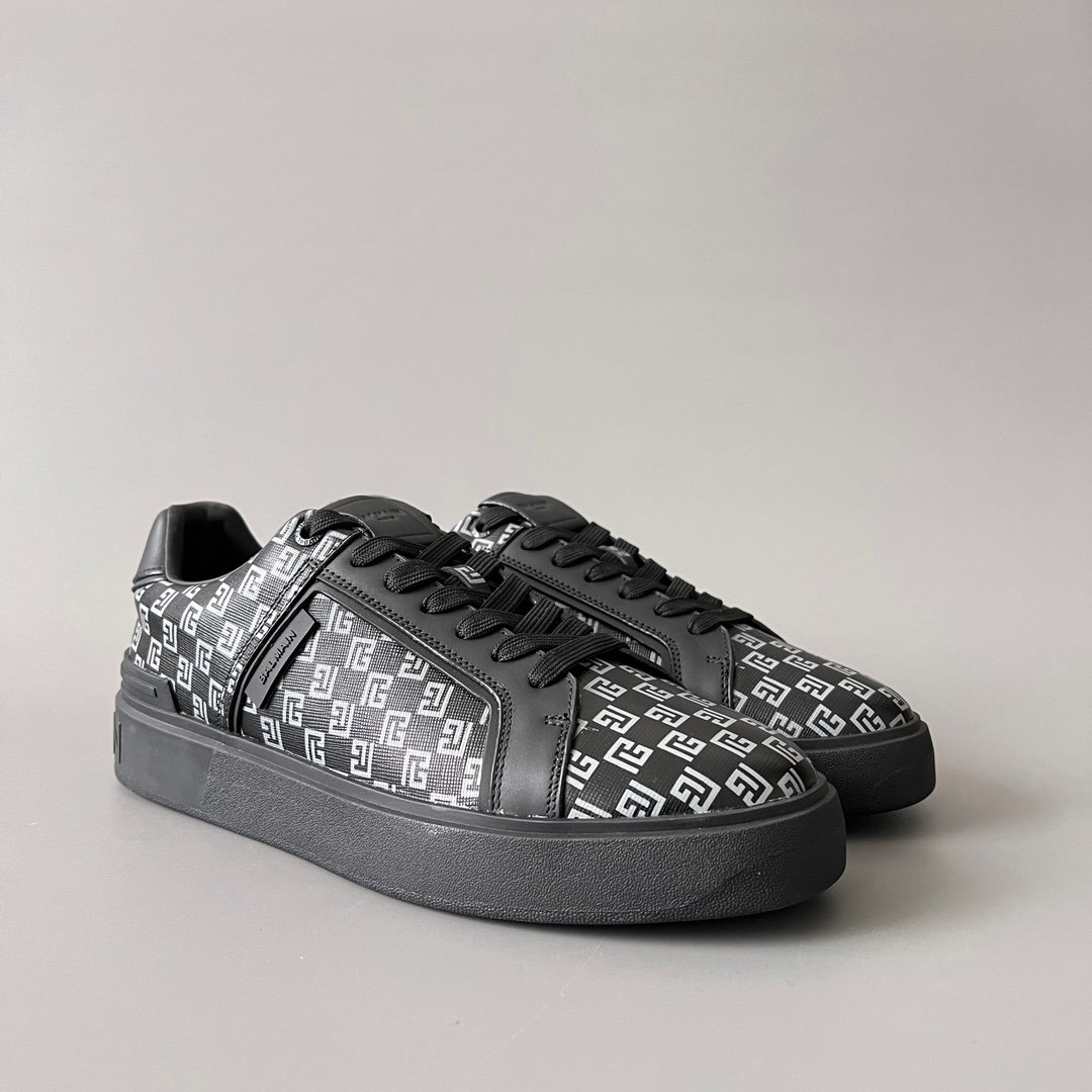 AuroraCustom BALMAIN B-Court Monogram Canvas Low-Top Platform Board Shoes (Premium Men's Black Coated Fabric & Dark Calfskin Trim Solid Black TPU Outsole Luxury Edition) - Image 3