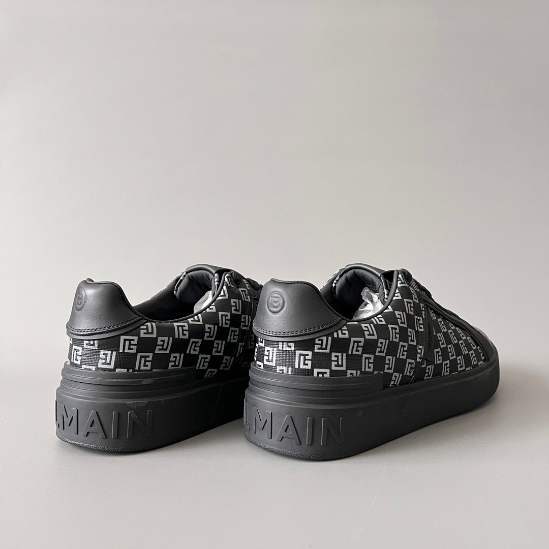 AuroraCustom BALMAIN B-Court Monogram Canvas Low-Top Platform Board Shoes (Premium Men's Black Coated Fabric & Dark Calfskin Trim Solid Black TPU Outsole Luxury Edition) - Image 4