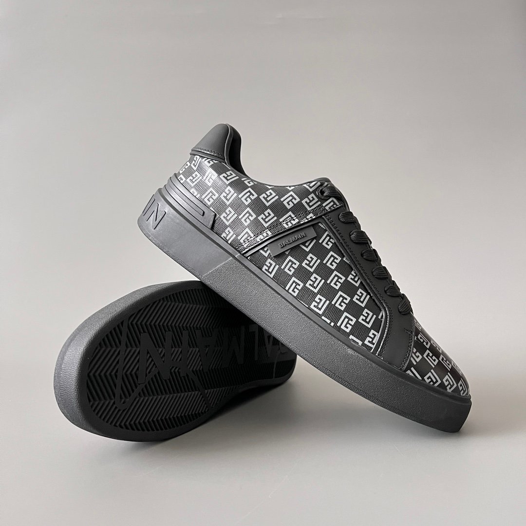 AuroraCustom BALMAIN B-Court Monogram Canvas Low-Top Platform Board Shoes (Premium Men's Black Coated Fabric & Dark Calfskin Trim Solid Black TPU Outsole Luxury Edition) - Image 7