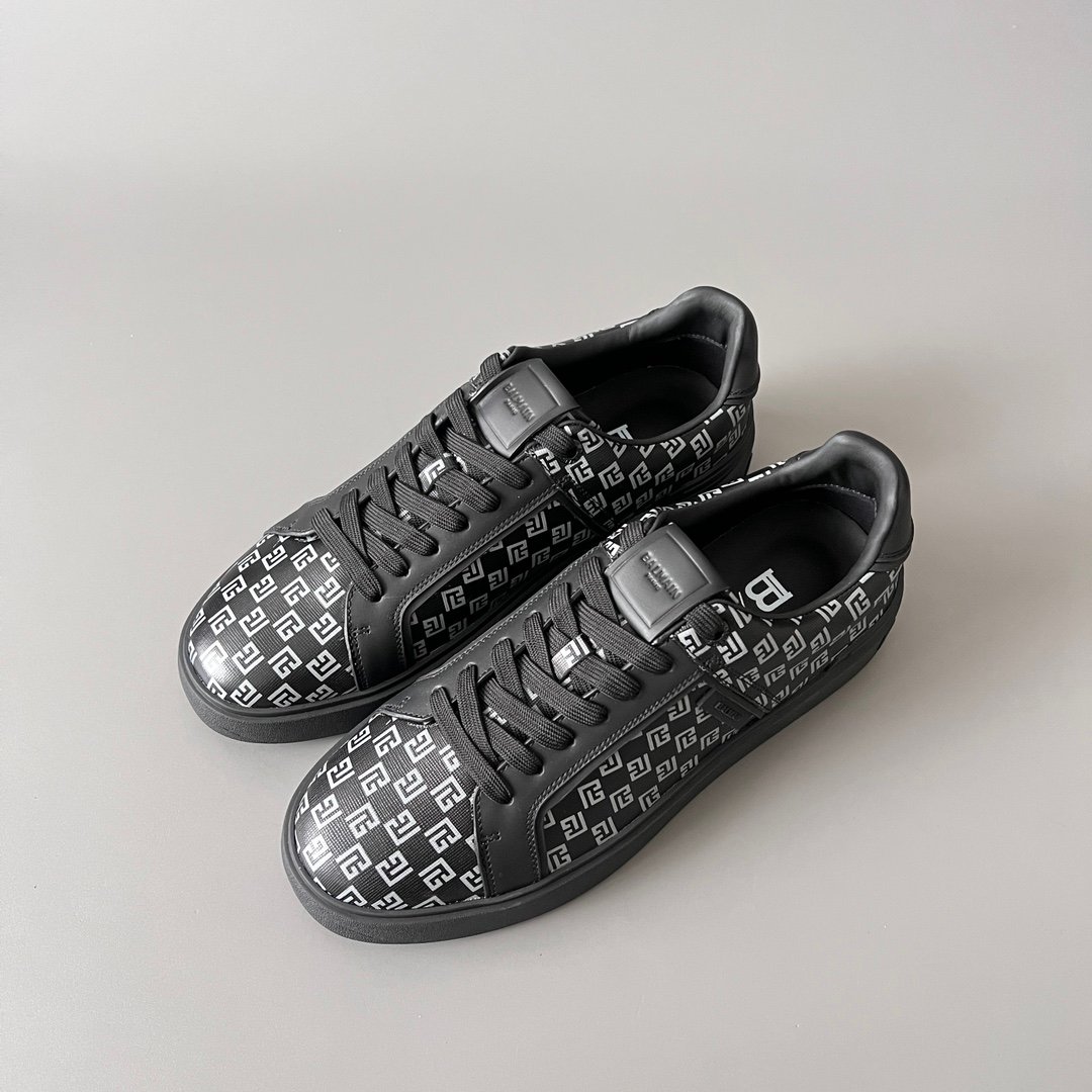 AuroraCustom BALMAIN B-Court Monogram Canvas Low-Top Platform Board Shoes (Premium Men's Black Coated Fabric & Dark Calfskin Trim Solid Black TPU Outsole Luxury Edition) - Image 8