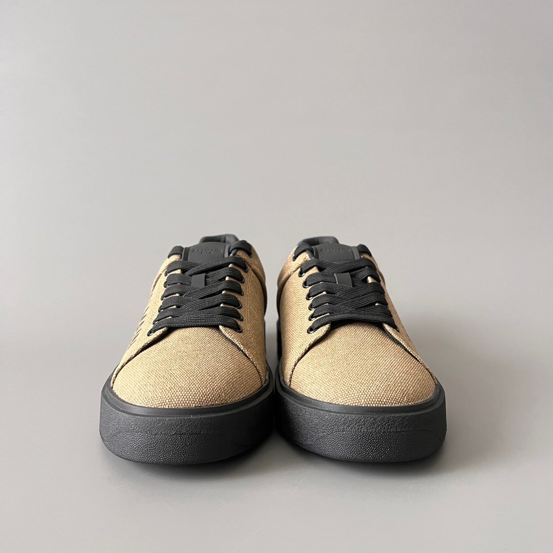 AuroraCustom BALMAIN B-Court Text Printed Canvas Low-Top Platform Board Shoes (Premium Men's Khaki Woven Fabric & Dark Calfskin Trim Solid Black TPU Outsole Luxury Edition) - Image 2