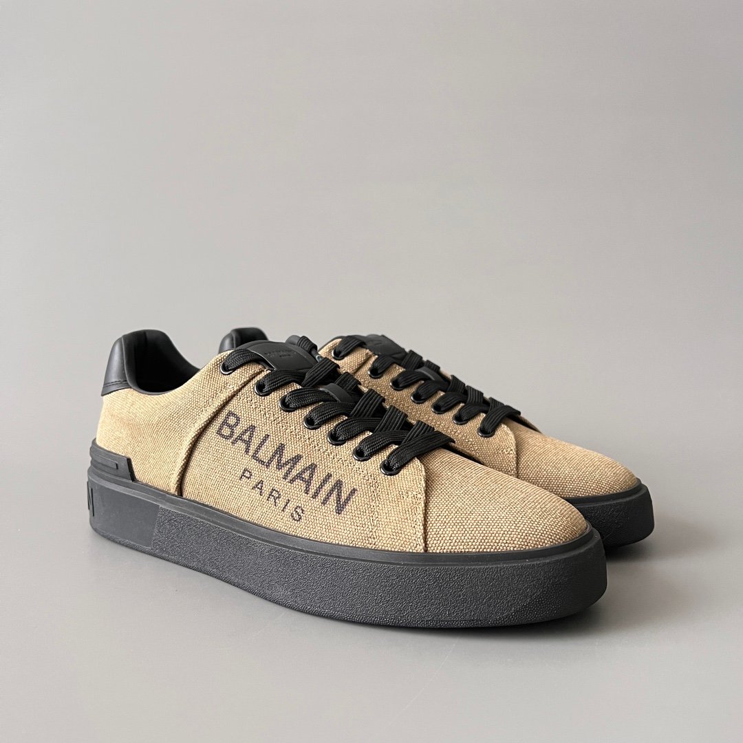 AuroraCustom BALMAIN B-Court Text Printed Canvas Low-Top Platform Board Shoes (Premium Men's Khaki Woven Fabric & Dark Calfskin Trim Solid Black TPU Outsole Luxury Edition) - Image 3