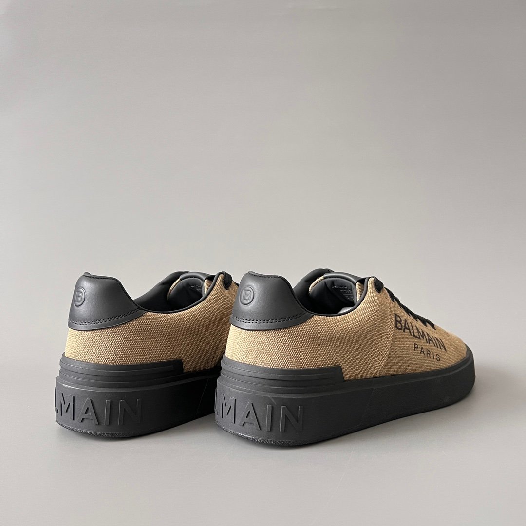 AuroraCustom BALMAIN B-Court Text Printed Canvas Low-Top Platform Board Shoes (Premium Men's Khaki Woven Fabric & Dark Calfskin Trim Solid Black TPU Outsole Luxury Edition) - Image 4