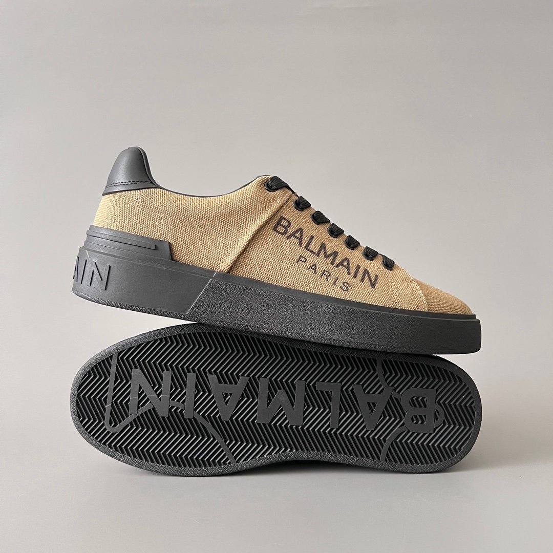 AuroraCustom BALMAIN B-Court Text Printed Canvas Low-Top Platform Board Shoes (Premium Men's Khaki Woven Fabric & Dark Calfskin Trim Solid Black TPU Outsole Luxury Edition) - Image 6