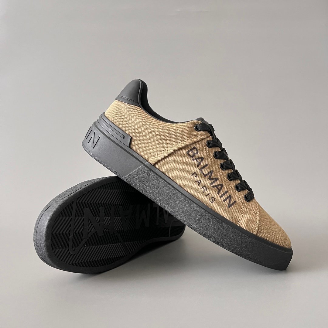 AuroraCustom BALMAIN B-Court Text Printed Canvas Low-Top Platform Board Shoes (Premium Men's Khaki Woven Fabric & Dark Calfskin Trim Solid Black TPU Outsole Luxury Edition) - Image 7