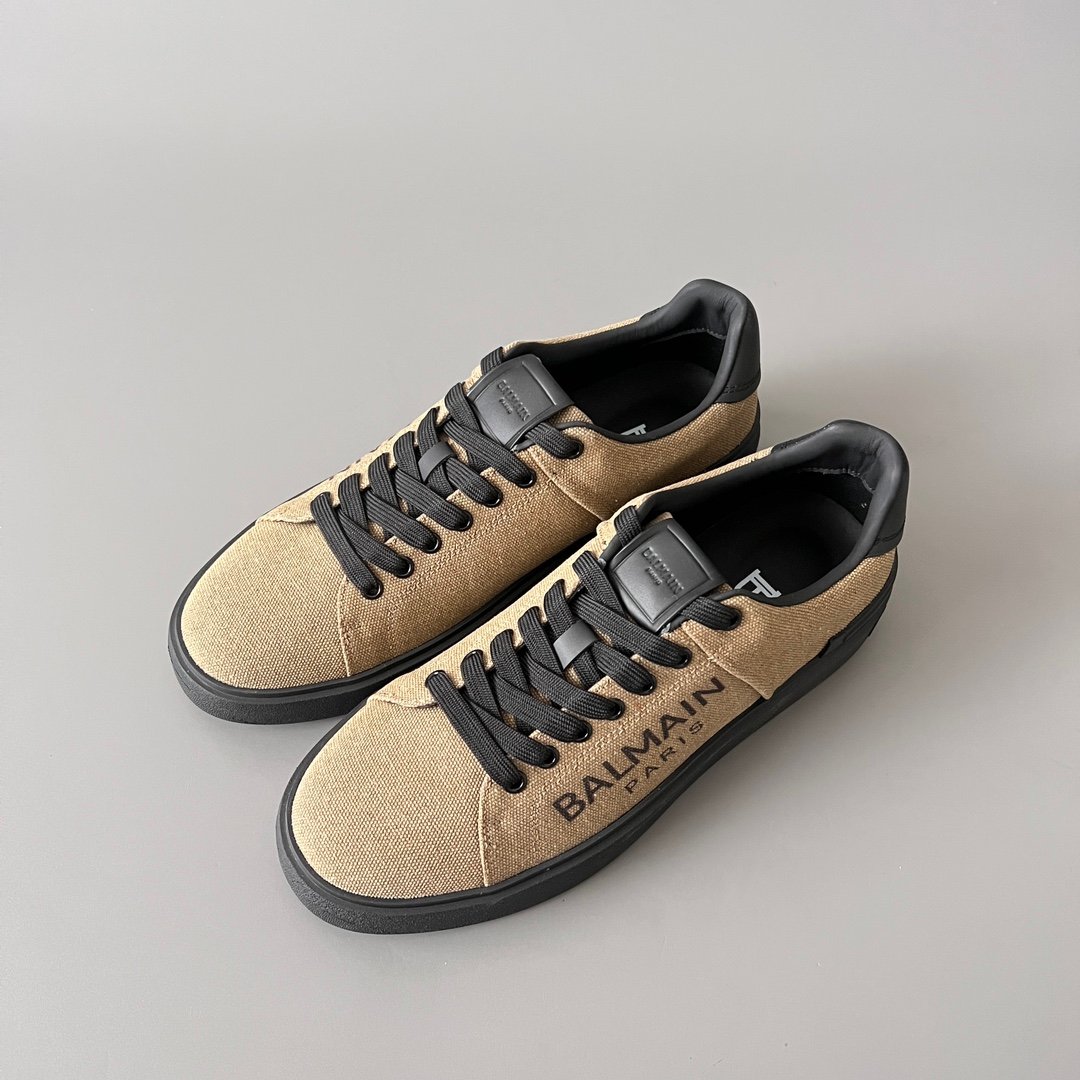 AuroraCustom BALMAIN B-Court Text Printed Canvas Low-Top Platform Board Shoes (Premium Men's Khaki Woven Fabric & Dark Calfskin Trim Solid Black TPU Outsole Luxury Edition) - Image 8