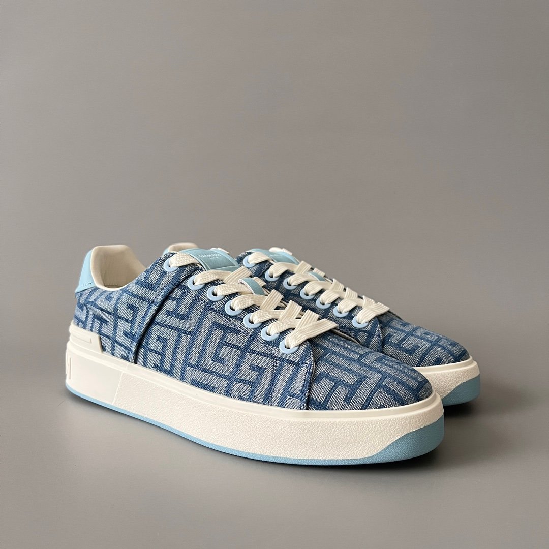 AuroraCustom BALMAIN B-Court Monogram Denim Low-Top Platform Board Shoes (Premium Men's Light Blue Woven Jacquard Light Blue Accent Dual-Tone TPU Outsole Luxury Edition) - Image 3